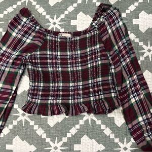 SO Burgundy Plaid Ruffle Top